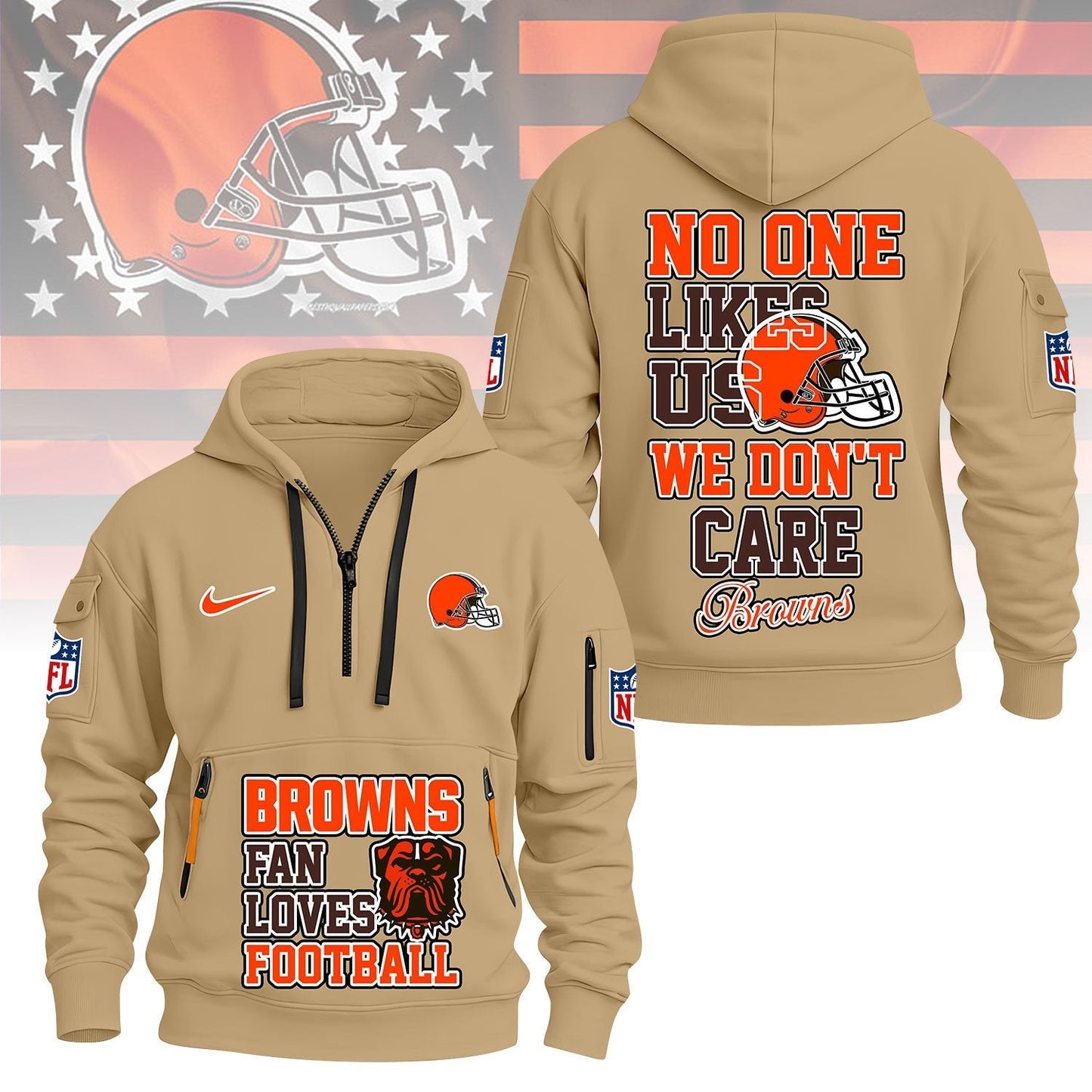 LIMITED EDITION - NEW CUSTOMIZED NFL29 CLB CLEVELAND BROWNS QUARTER ZIP HOODIE