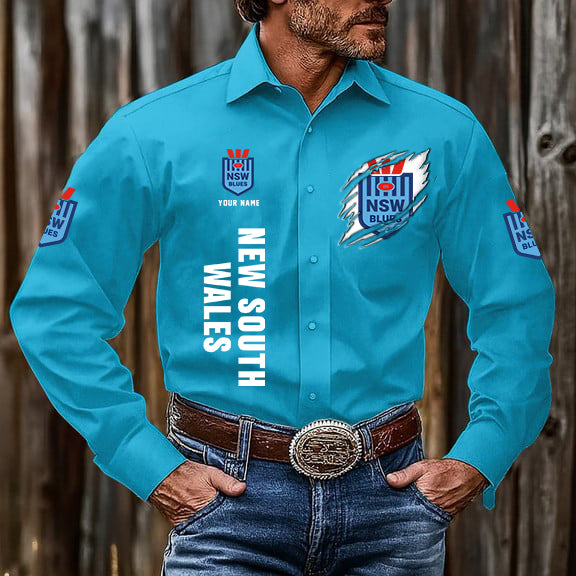 LIMITED EDITION - NEW 19 NSW CUSTOMIZED MEN'S LONG-SLEEVE BUTTON-UP SHIRT