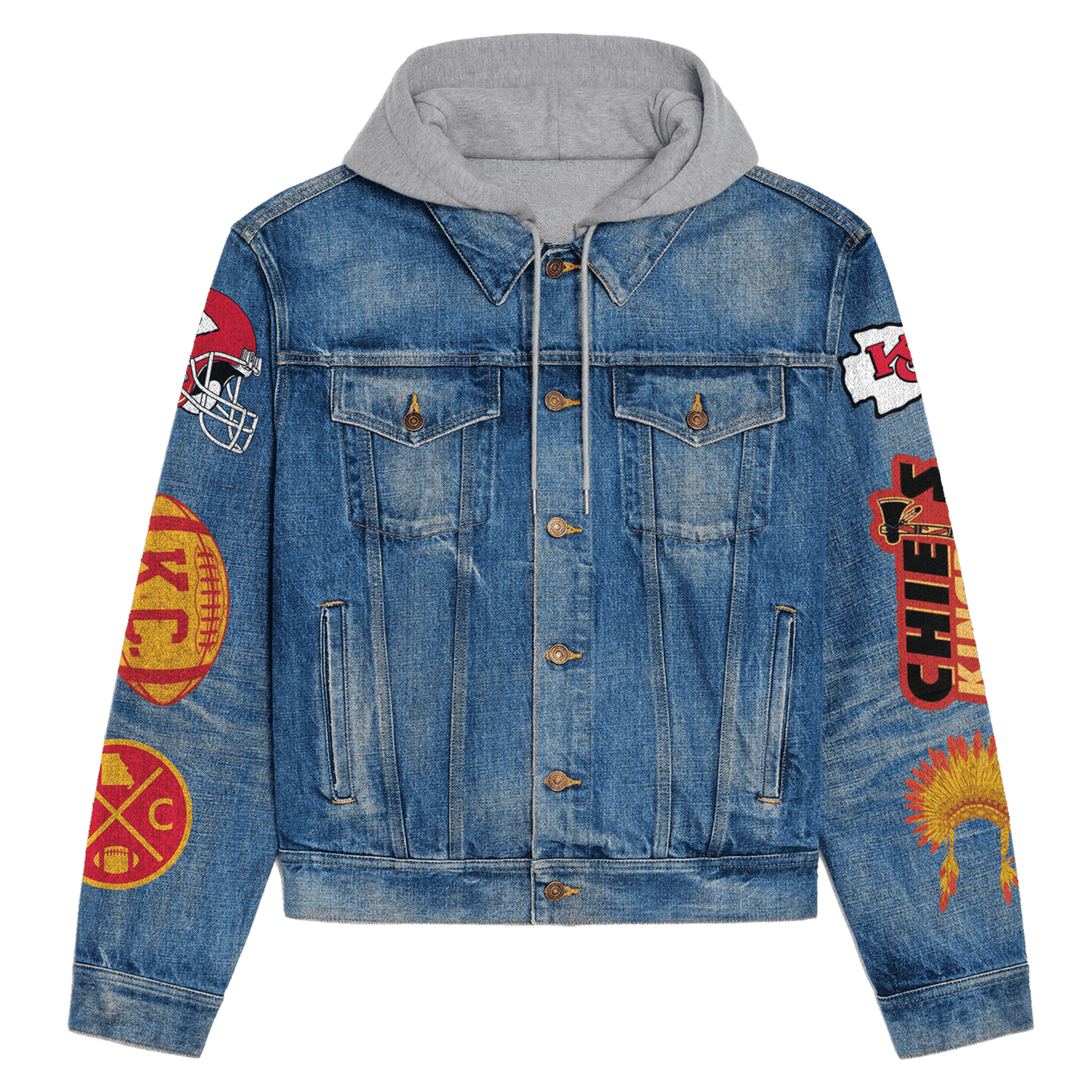 LIMITED EDITION - NEW PREMIUM NFL01 KCC PREMIUM KANSAS CITY CHIEFS HOODED DENIM JACKET