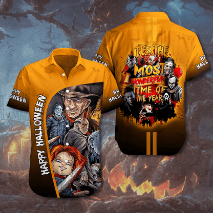 HORROR MOVIE VILLAINS HAWAIIAN SHIRT BLOODY HANDPRINT HALLOWEEN GIFT FOR FANS