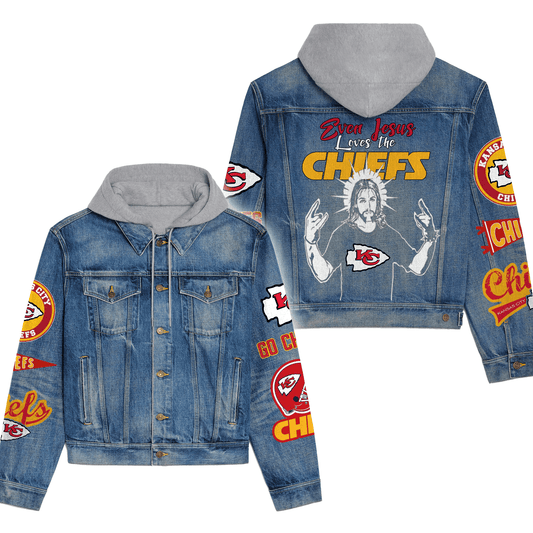 LIMITED EDITION - NEW PREMIUM NFL01 KCC PREMIUM KANSAS CITY CHIEFS HOODED DENIM JACKET