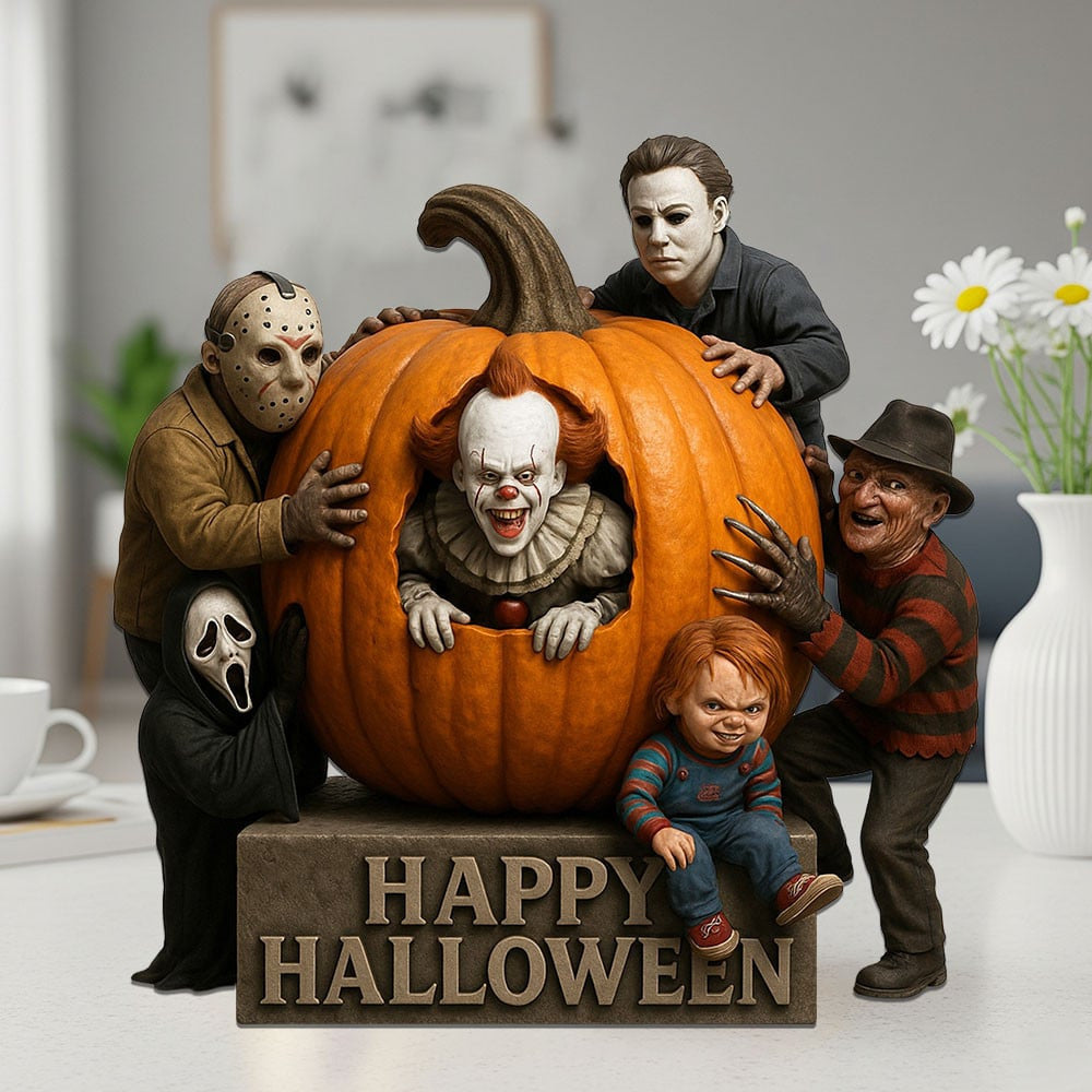 HAPPY HALLOWEEN HORROR MOVIE CHARACTERS ACRYLIC BOLCK PLAQUE - PUMPKIN GIFT FOR FANS