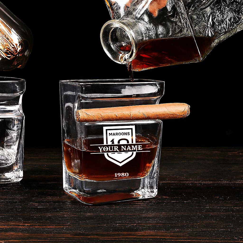 LIMITED EDITION - NEW 18 QSM PERSONALIZED WHISKEY GLASS WITH CIGAR HOLDER FOR FANS