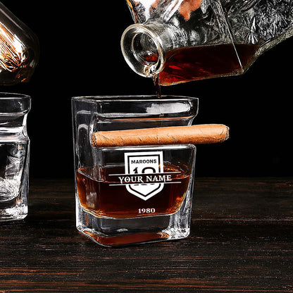 LIMITED EDITION - NEW 18 QSM PERSONALIZED WHISKEY GLASS WITH CIGAR HOLDER FOR FANS