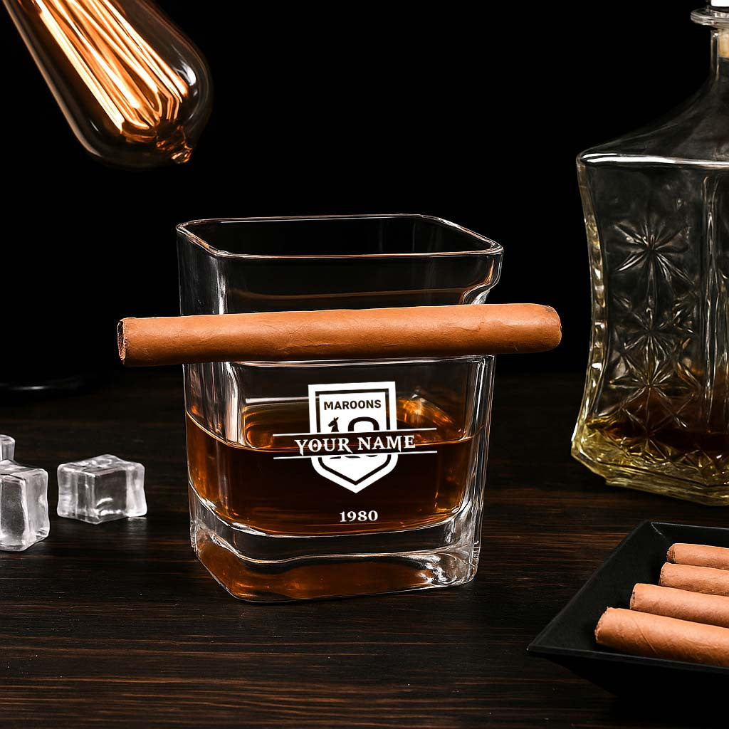 LIMITED EDITION - NEW 18 QSM PERSONALIZED WHISKEY GLASS WITH CIGAR HOLDER FOR FANS