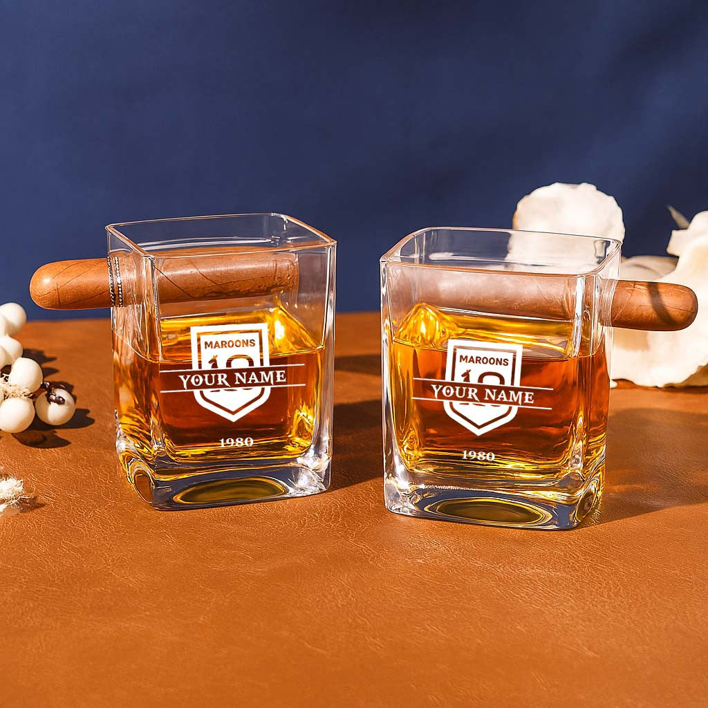 LIMITED EDITION - NEW 18 QSM PERSONALIZED WHISKEY GLASS WITH CIGAR HOLDER FOR FANS