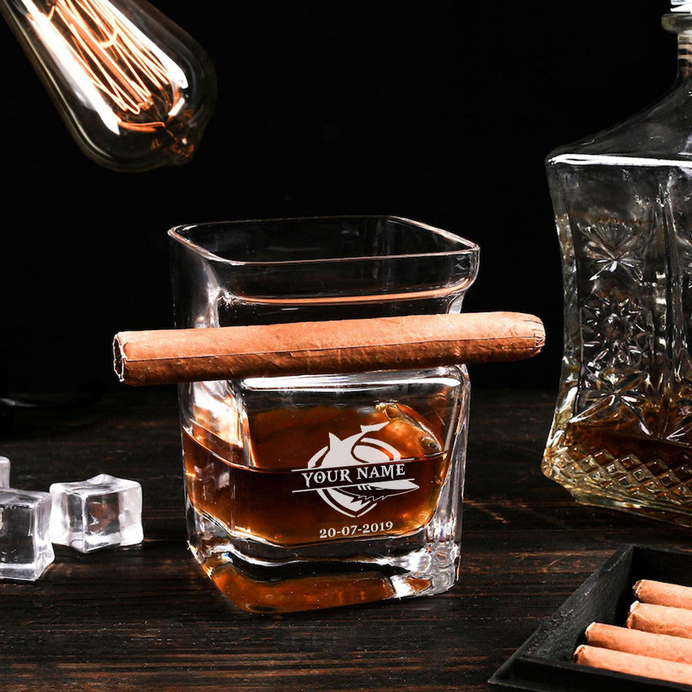 LIMITED EDITION - NEW 08 CNS PERSONALIZED WHISKEY GLASS WITH CIGAR HOLDER FOR FANS