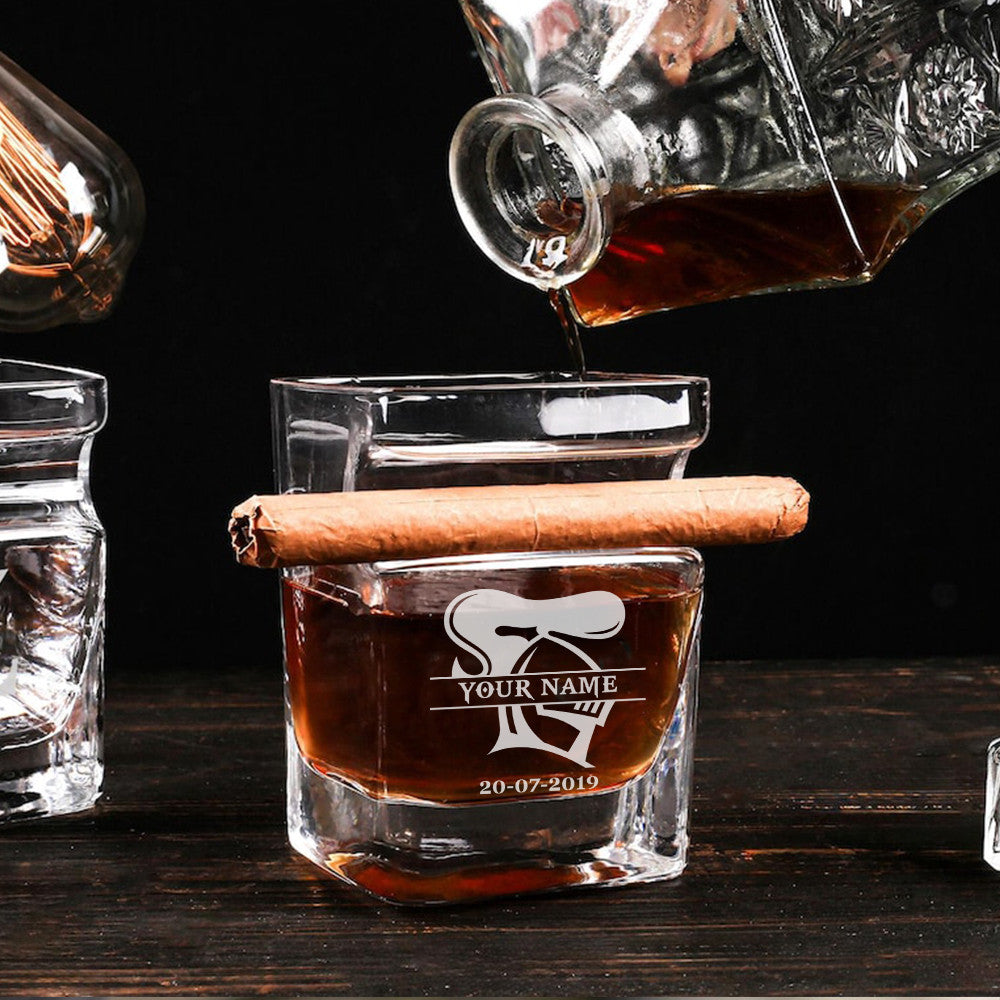 LIMITED EDITION - NEW 12 NCK PERSONALIZED WHISKEY GLASS WITH CIGAR HOLDER FOR FANS
