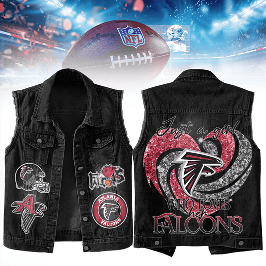LIMITED EDITION - NEW PREMIUM NFL18 ATF ATLANTA FALCONS UNISEX SLEEVELESS DENIM JACKET