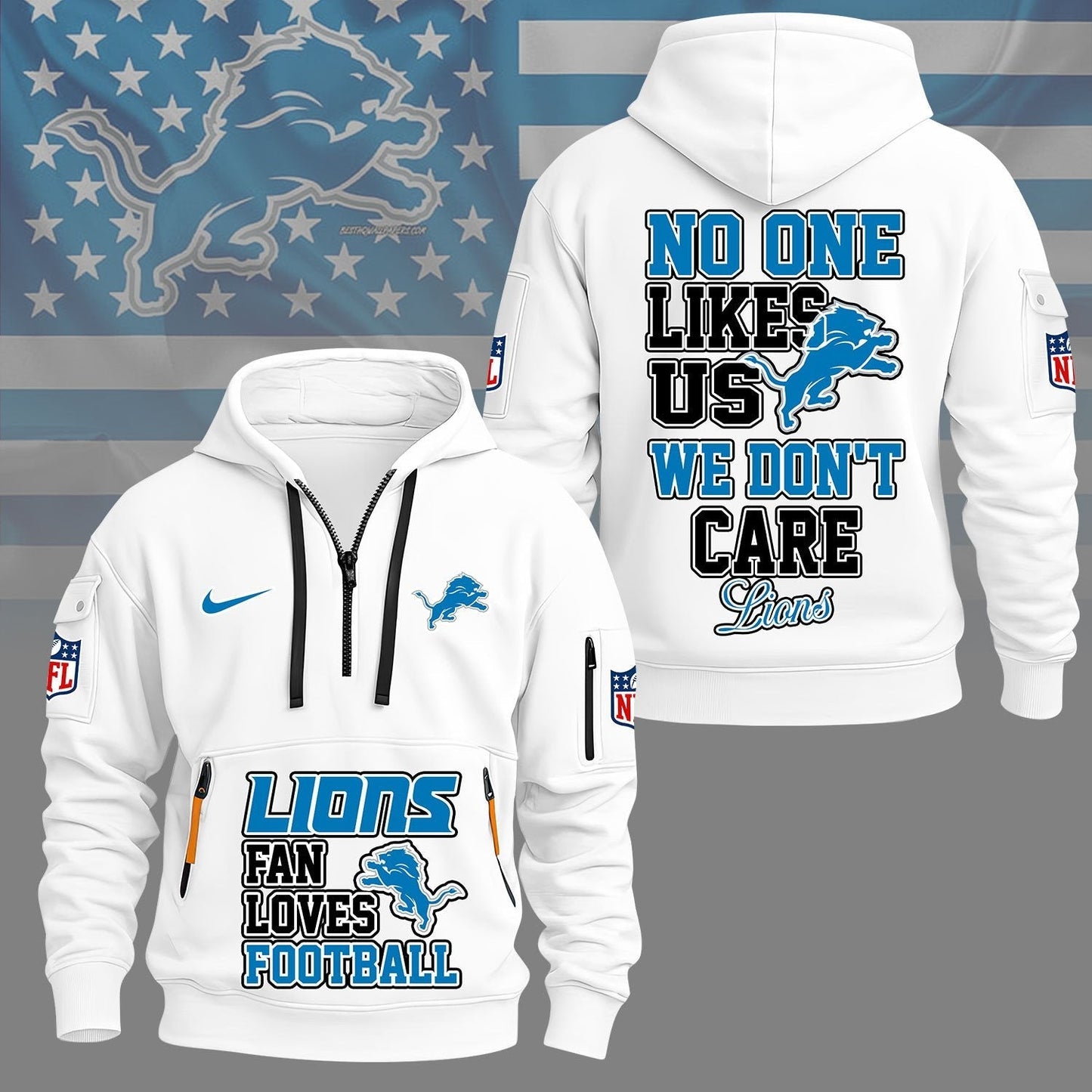 LIMITED EDITION - NEW CUSTOMIZED NFL04 DTL DETROIT LIONS QUARTER ZIP HOODIE