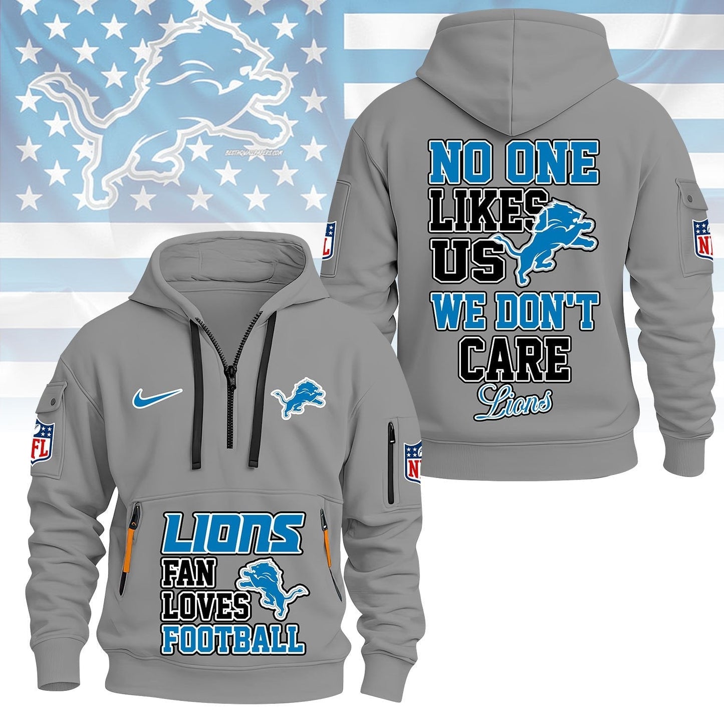 LIMITED EDITION - NEW CUSTOMIZED NFL04 DTL DETROIT LIONS QUARTER ZIP HOODIE