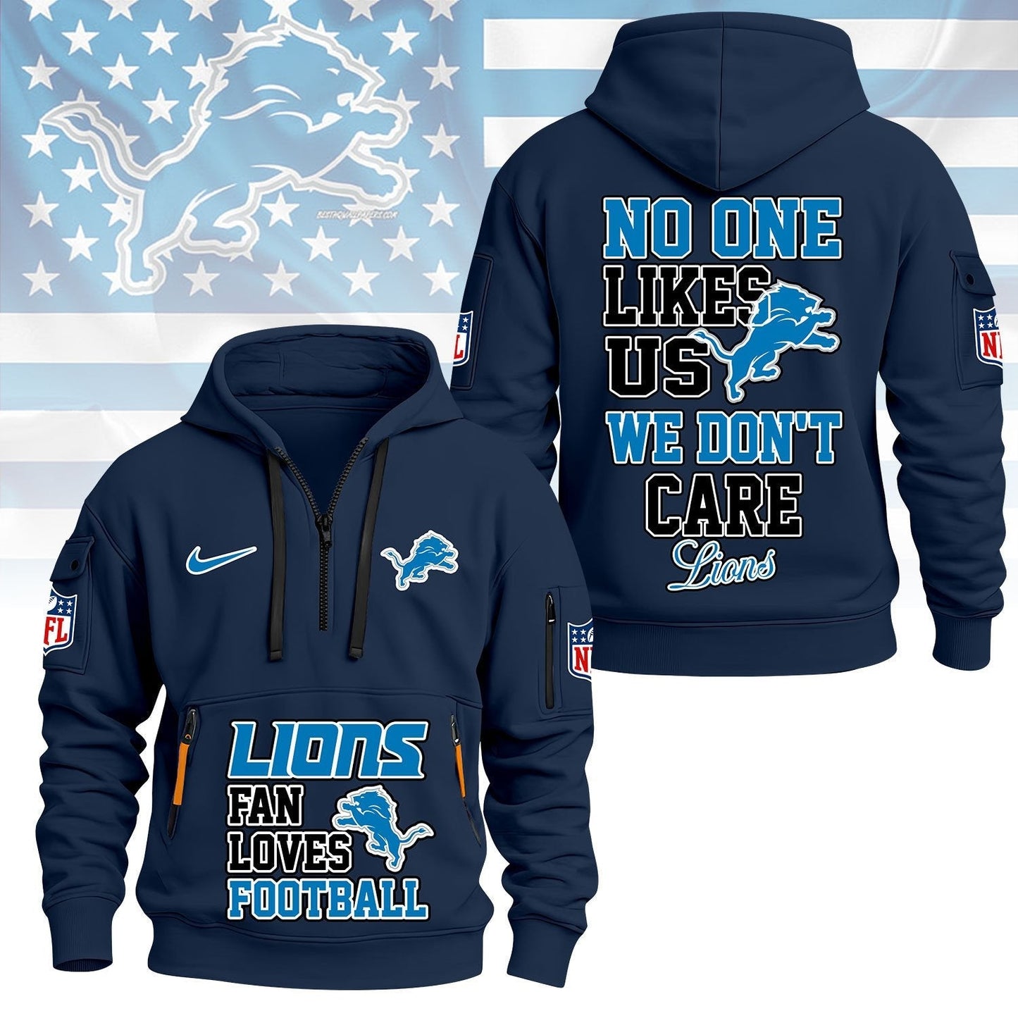 LIMITED EDITION - NEW CUSTOMIZED NFL04 DTL DETROIT LIONS QUARTER ZIP HOODIE