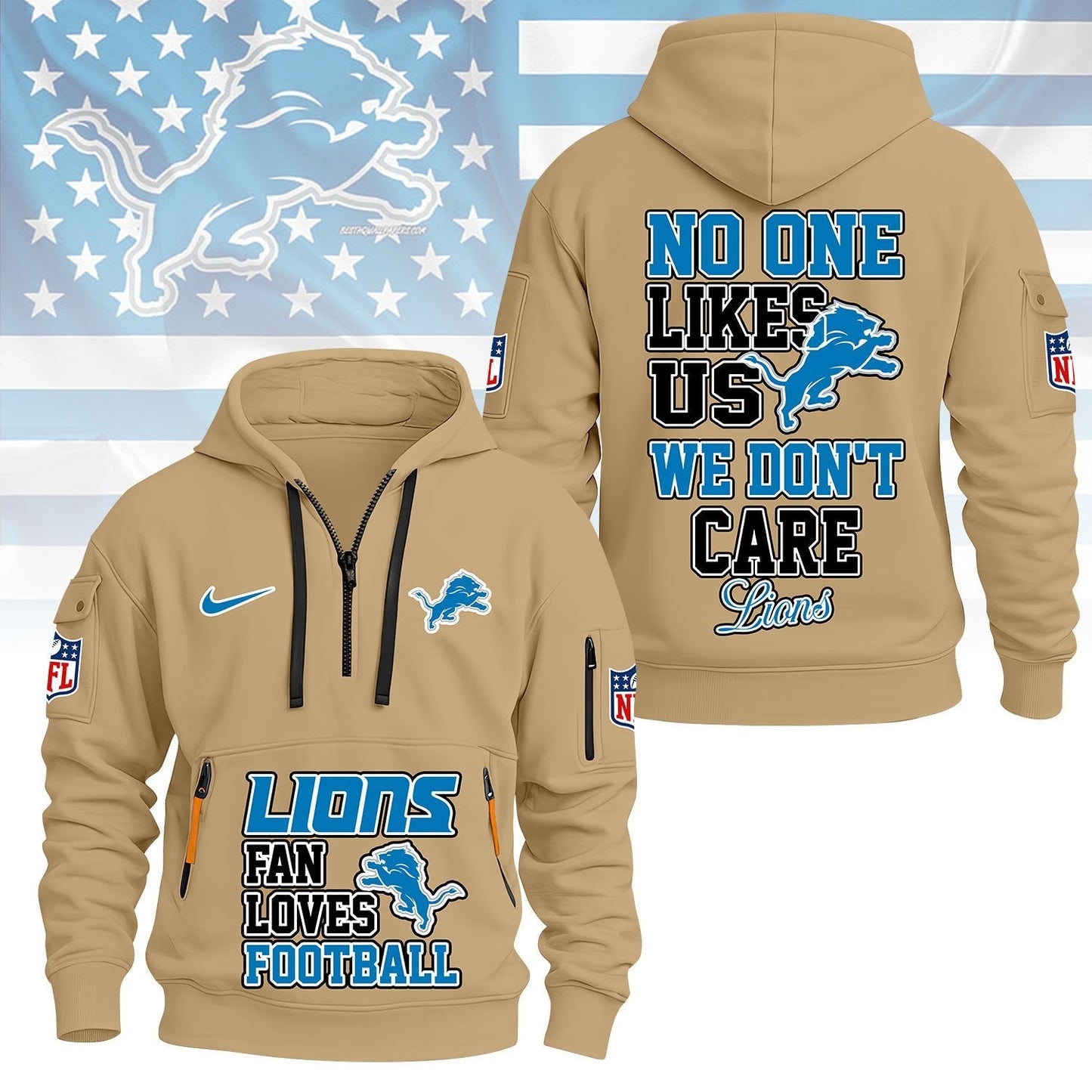 LIMITED EDITION - NEW CUSTOMIZED NFL04 DTL DETROIT LIONS QUARTER ZIP HOODIE