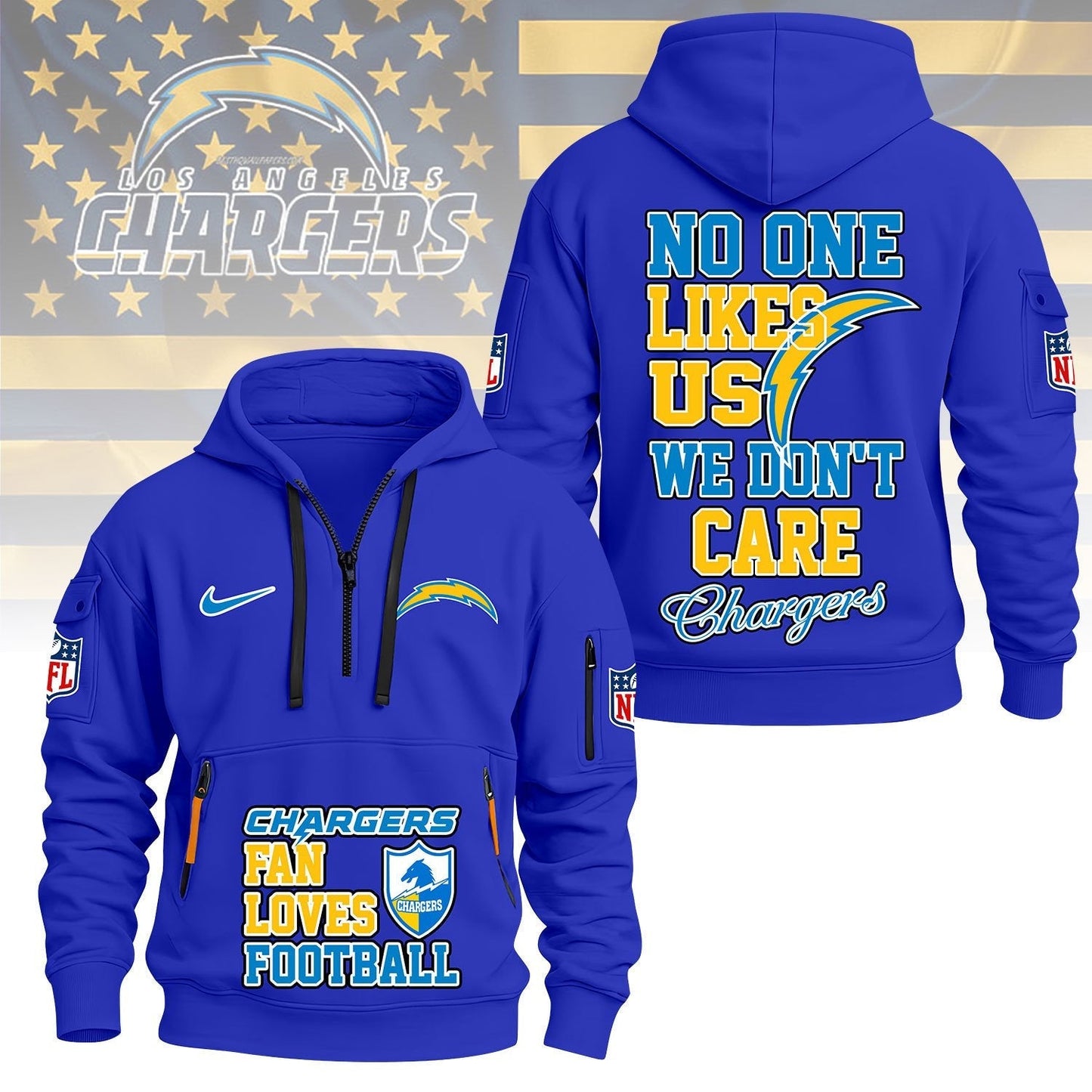 LIMITED EDITION - NEW CUSTOMIZED NFL09 LAC LOS ANGELES CHARGERS QUARTER ZIP HOODIE