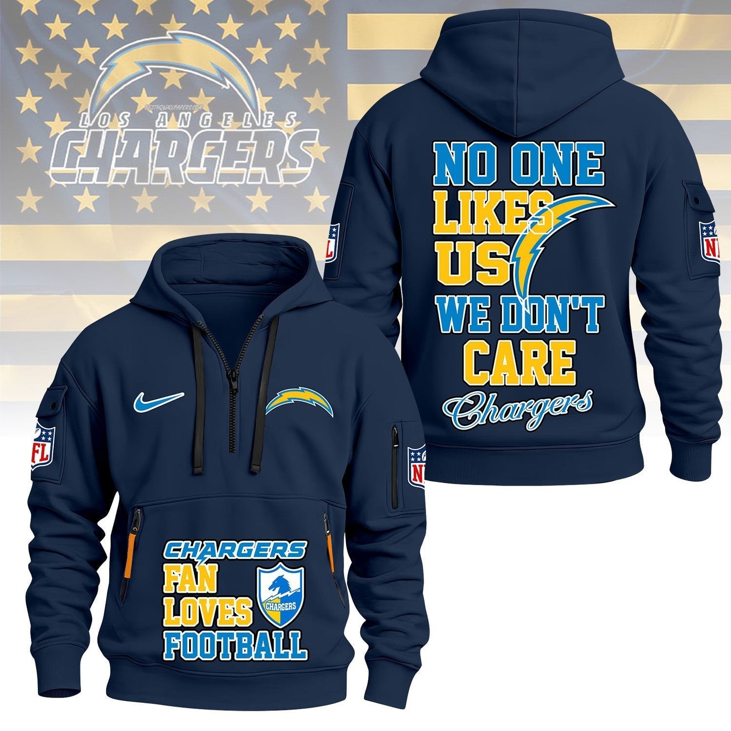 LIMITED EDITION - NEW CUSTOMIZED NFL09 LAC LOS ANGELES CHARGERS QUARTER ZIP HOODIE