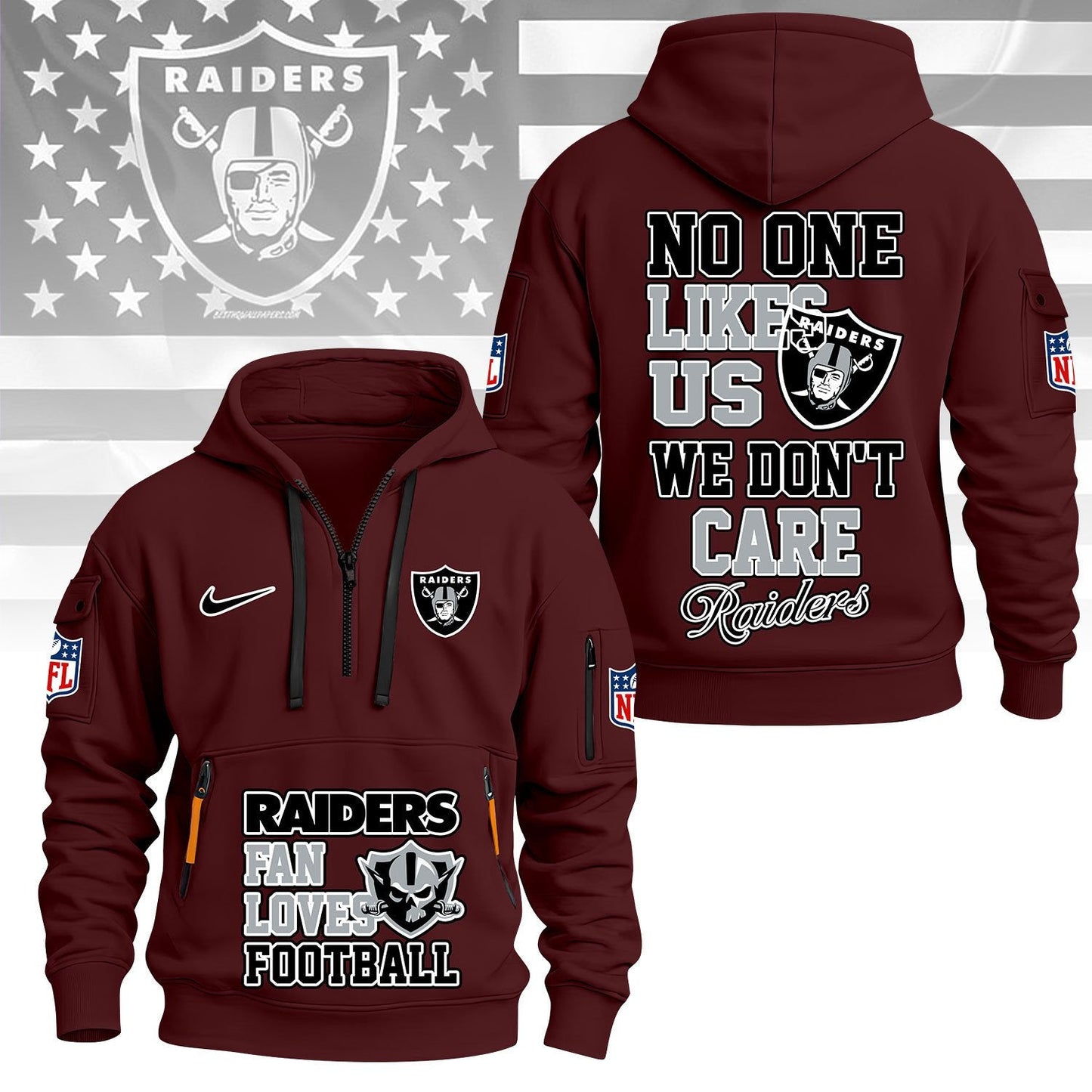 LIMITED EDITION - NEW CUSTOMIZED NFL07 LVR LAS VEGAS RAIDERS QUARTER ZIP HOODIE
