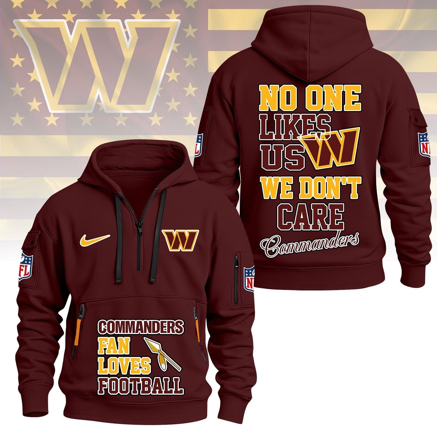 LIMITED EDITION - NEW CUSTOMIZED NFL12 WTC WASHINGTON COMMANDERS QUARTER ZIP HOODIE