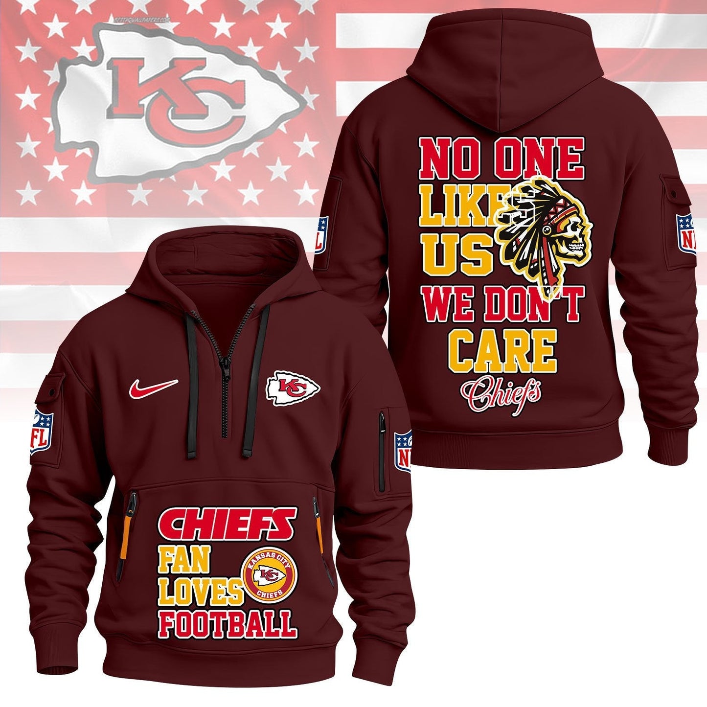 LIMITED EDITION - NEW CUSTOMIZED NFL01 KCC KANSAS CITY CHIEFS QUARTER ZIP HOODIE
