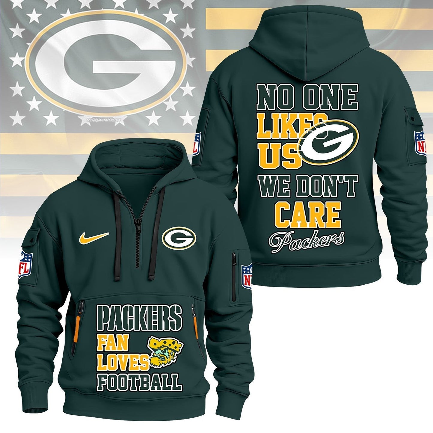 LIMITED EDITION - NEW CUSTOMIZED NFL08 GBP GREEN BAY PACKERS QUARTER ZIP HOODIE