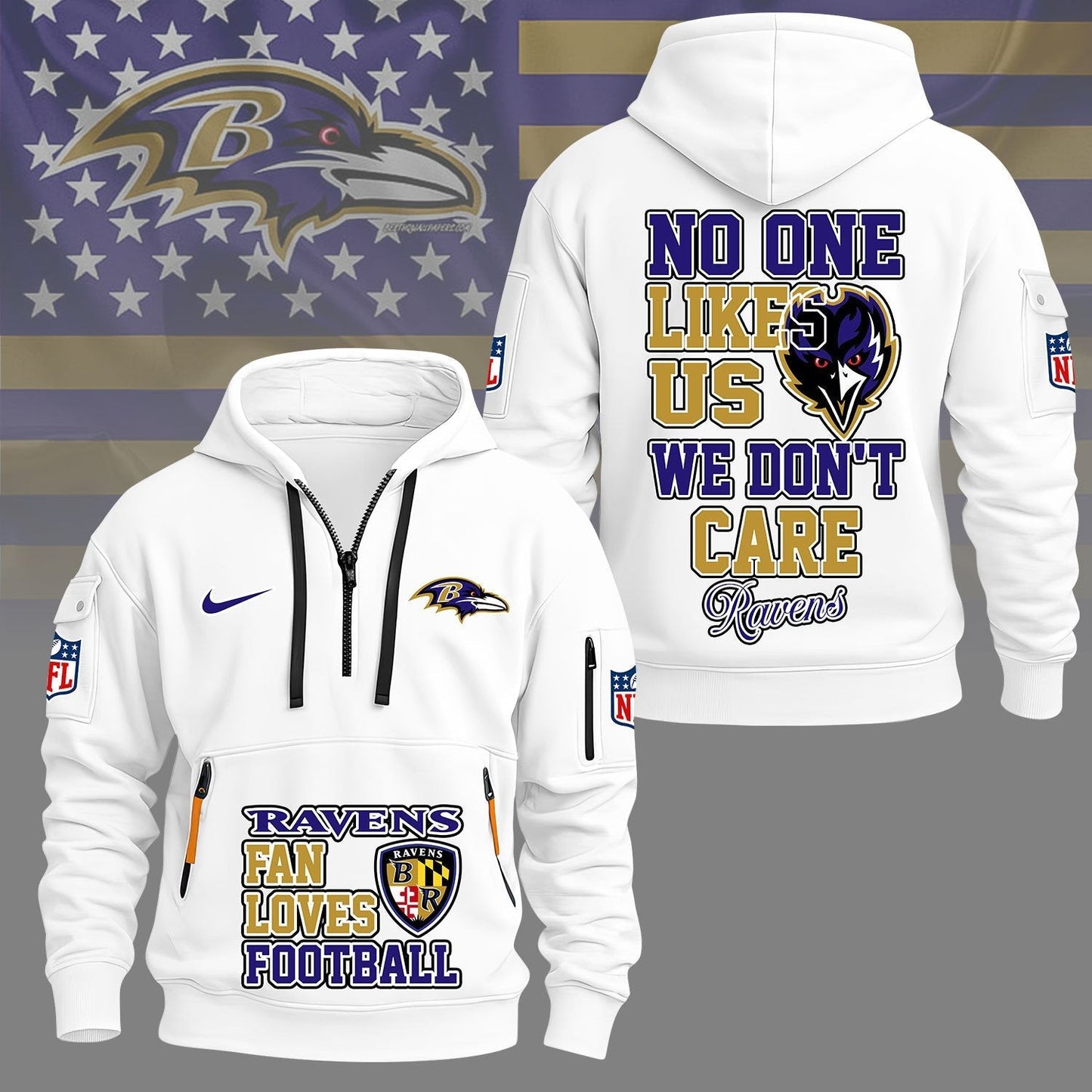 LIMITED EDITION - NEW CUSTOMIZED NFL28 BTR BALTIMORE RAVENS QUARTER ZIP HOODIE