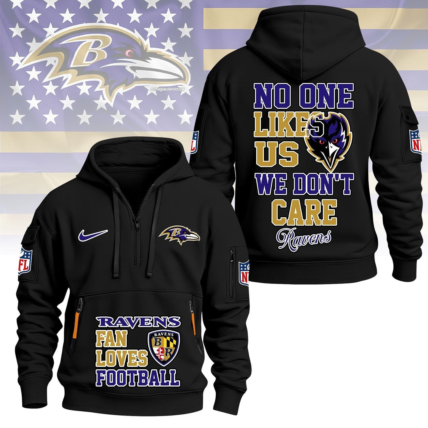 LIMITED EDITION - NEW CUSTOMIZED NFL28 BTR BALTIMORE RAVENS QUARTER ZIP HOODIE