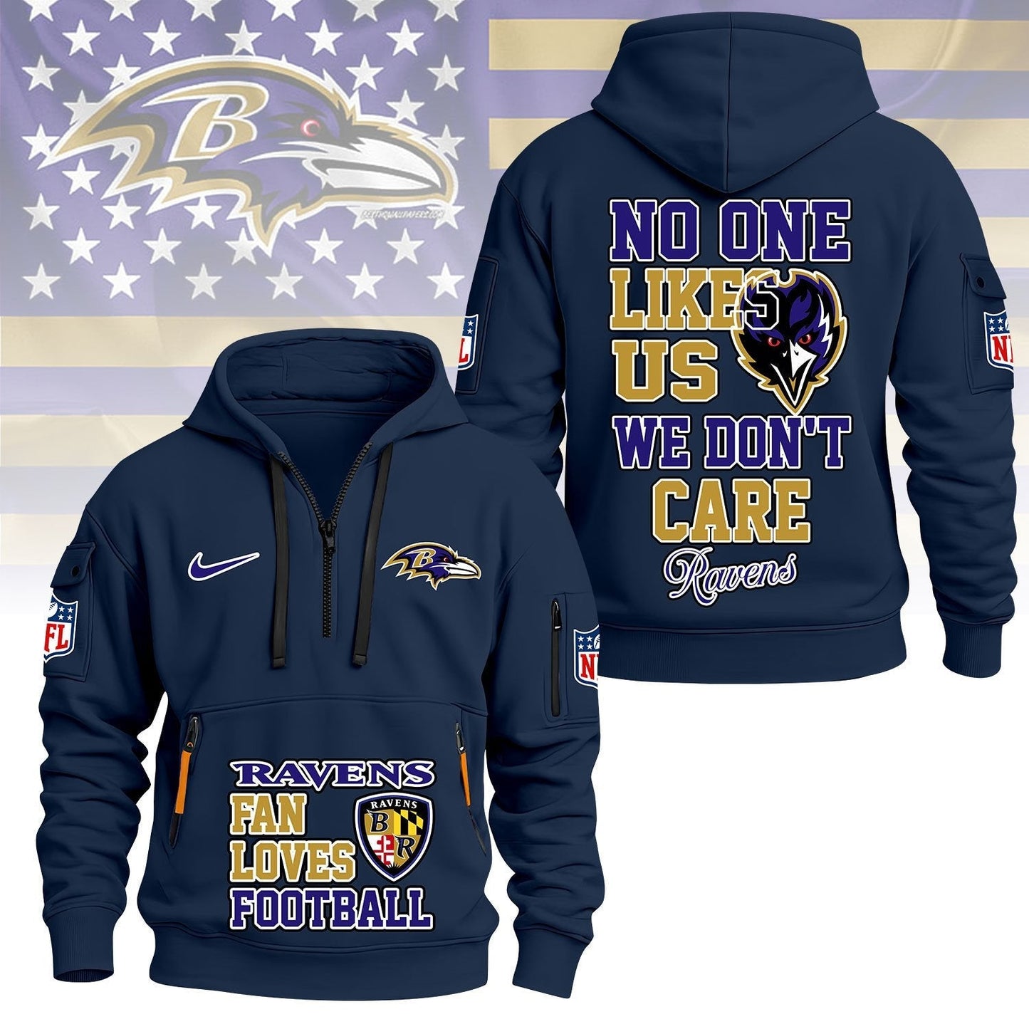 LIMITED EDITION - NEW CUSTOMIZED NFL28 BTR BALTIMORE RAVENS QUARTER ZIP HOODIE