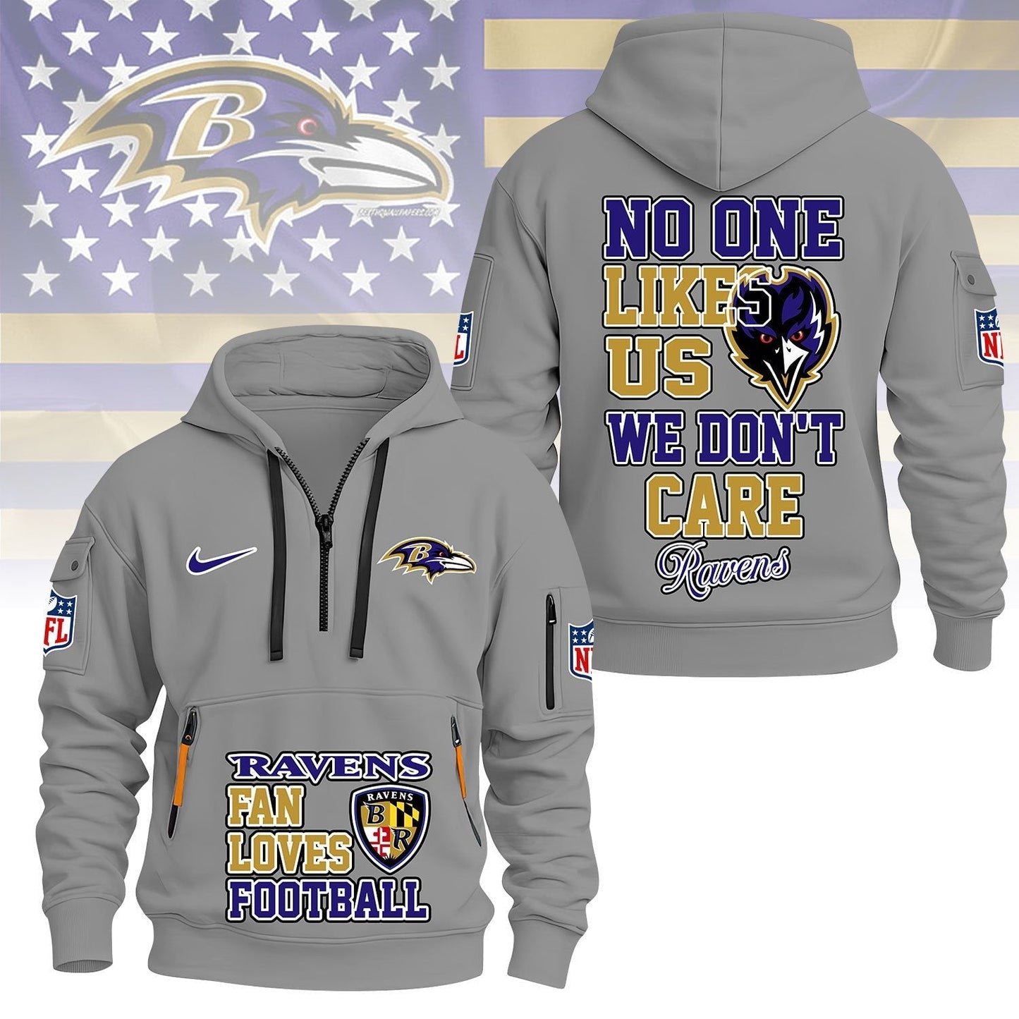 LIMITED EDITION - NEW CUSTOMIZED NFL28 BTR BALTIMORE RAVENS QUARTER ZIP HOODIE