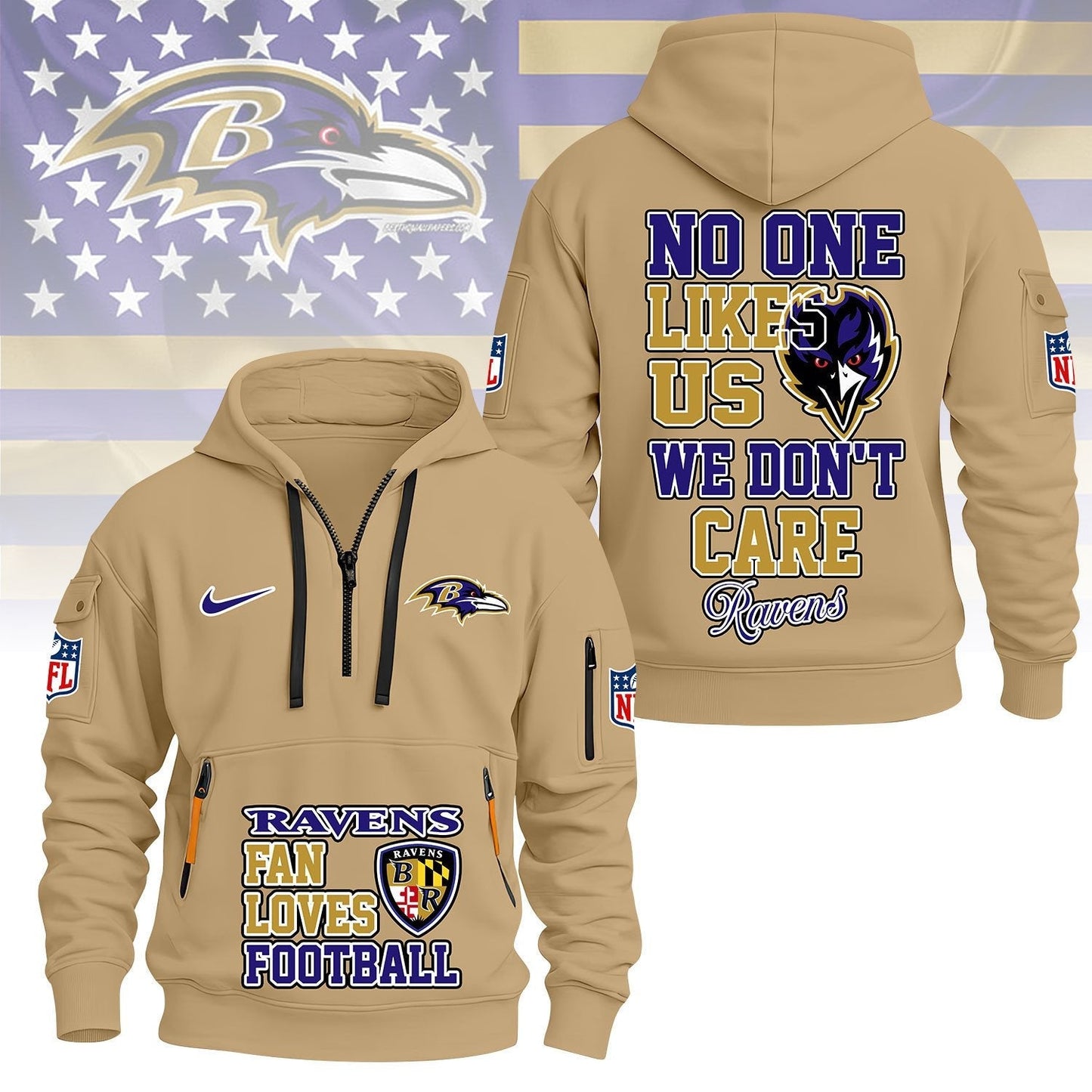 LIMITED EDITION - NEW CUSTOMIZED NFL28 BTR BALTIMORE RAVENS QUARTER ZIP HOODIE