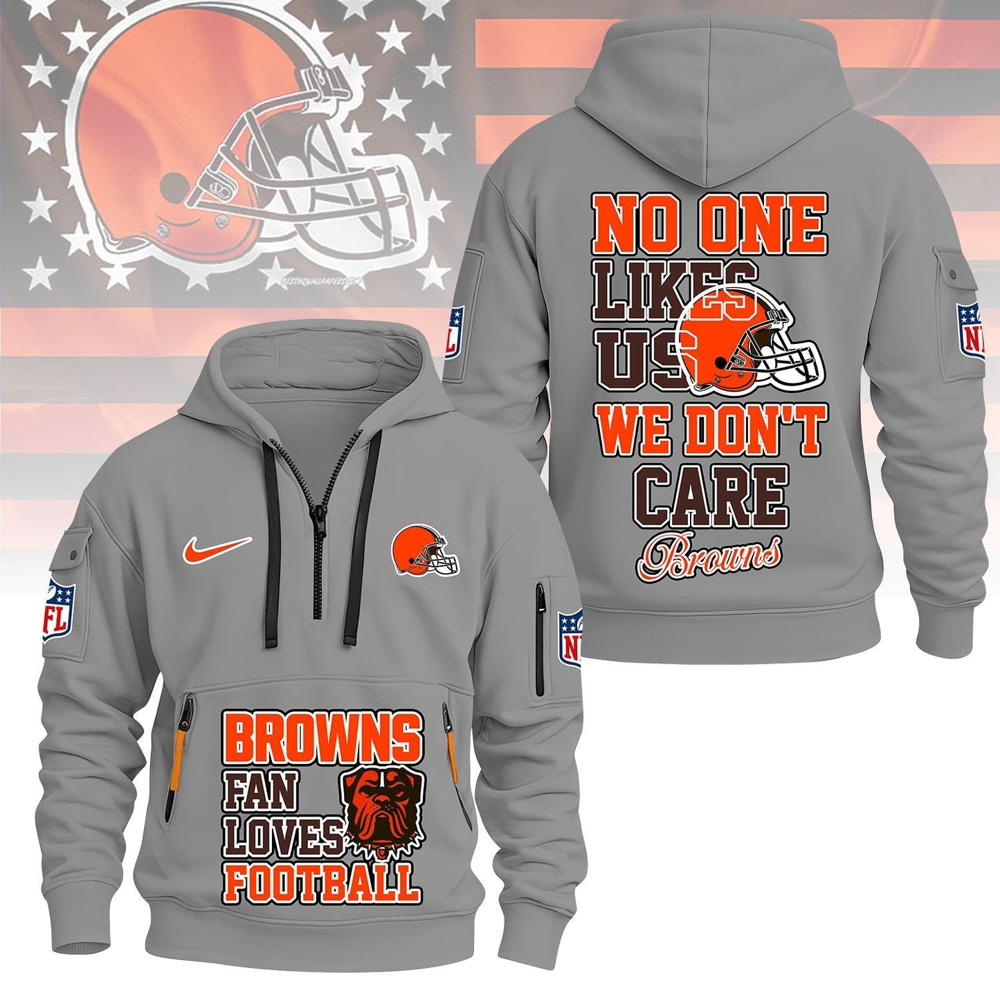 LIMITED EDITION - NEW CUSTOMIZED NFL29 CLB CLEVELAND BROWNS QUARTER ZIP HOODIE