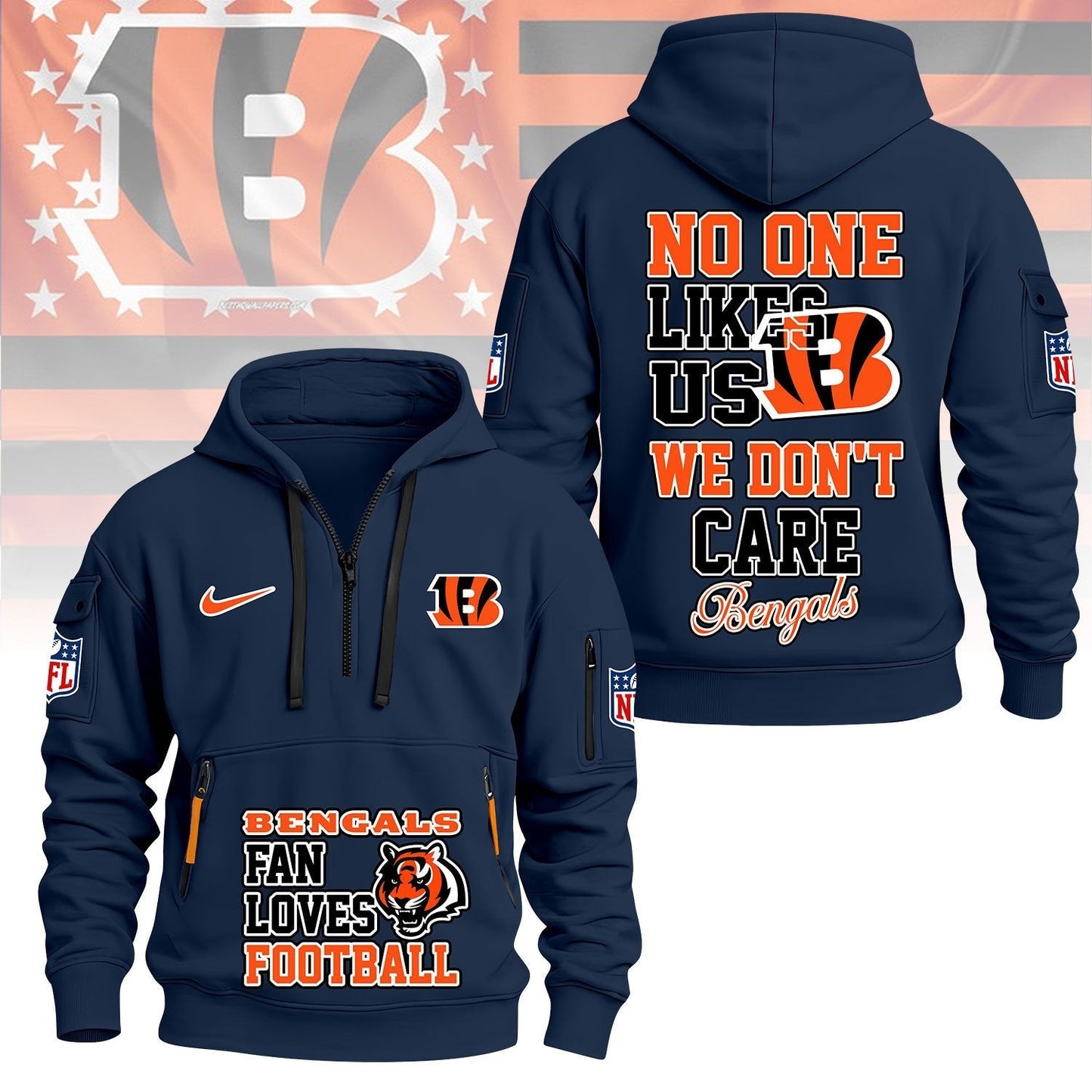 LIMITED EDITION - NEW CUSTOMIZED NFL16 CCB CINCINNATI BENGALS QUARTER ZIP HOODIE