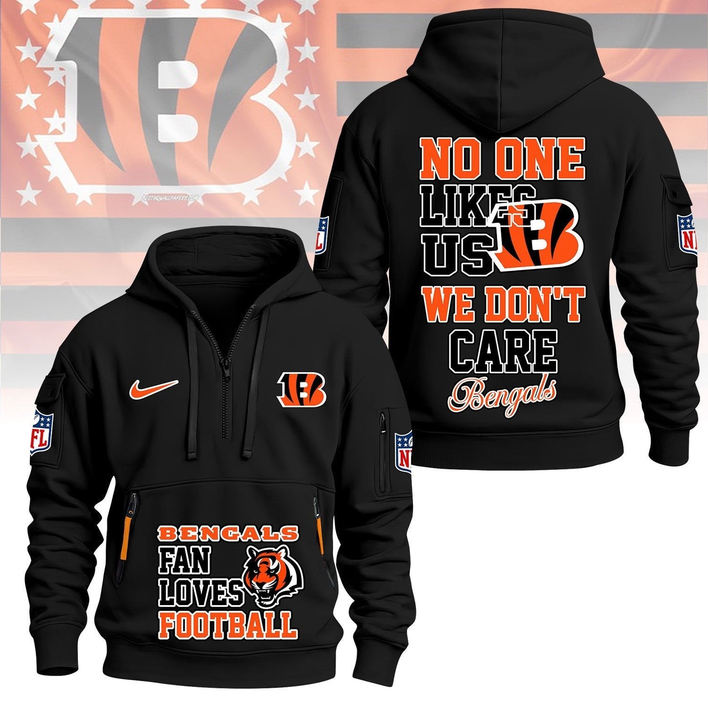 LIMITED EDITION - NEW CUSTOMIZED NFL16 CCB CINCINNATI BENGALS QUARTER ZIP HOODIE