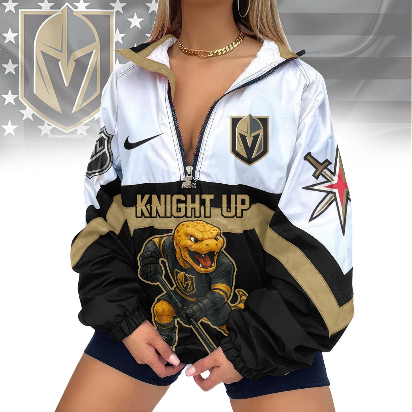 LIMITED EDITION - NEW CUSTOMIZED NHL04 VGK VEGAS GOLDEN KNIGHTS V-NECK ZIPPER SWEATSHIRT JACKET