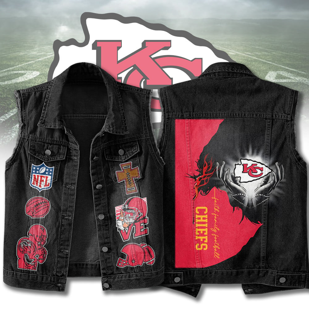 LIMITED EDITION - NEW PREMIUM NFL01 KCC KANSAS CITY CHIEFS SLEEVELESS DENIM JACKET