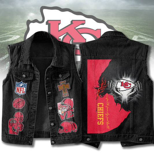 LIMITED EDITION - NEW PREMIUM NFL01 KCC KANSAS CITY CHIEFS SLEEVELESS DENIM JACKET