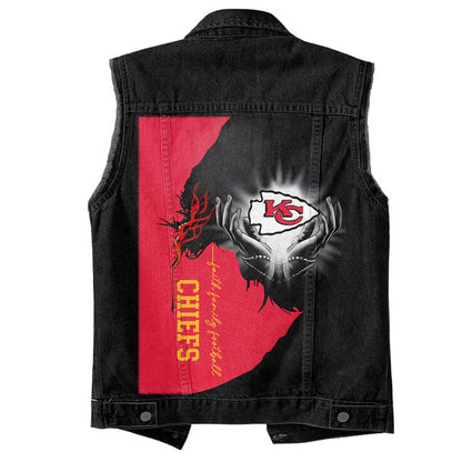 LIMITED EDITION - NEW PREMIUM NFL01 KCC KANSAS CITY CHIEFS SLEEVELESS DENIM JACKET