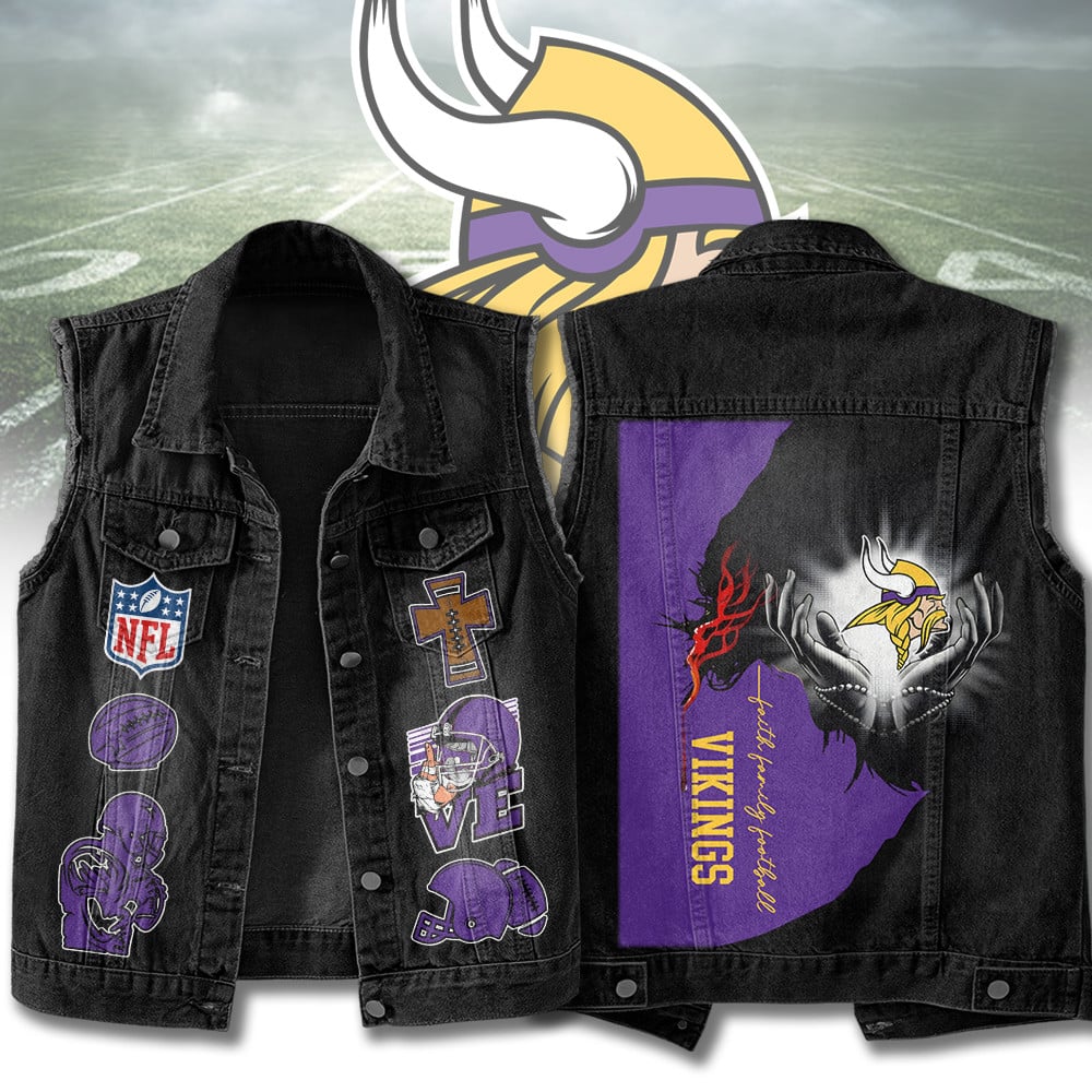 LIMITED EDITION - NEW PREMIUM NFL05 MVK MINNESOTA VIKINGS SLEEVELESS DENIM JACKET