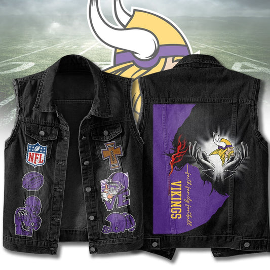 LIMITED EDITION - NEW PREMIUM NFL05 MVK MINNESOTA VIKINGS SLEEVELESS DENIM JACKET
