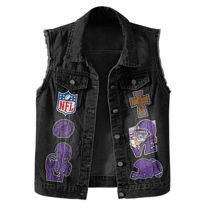 LIMITED EDITION - NEW PREMIUM NFL05 MVK MINNESOTA VIKINGS SLEEVELESS DENIM JACKET