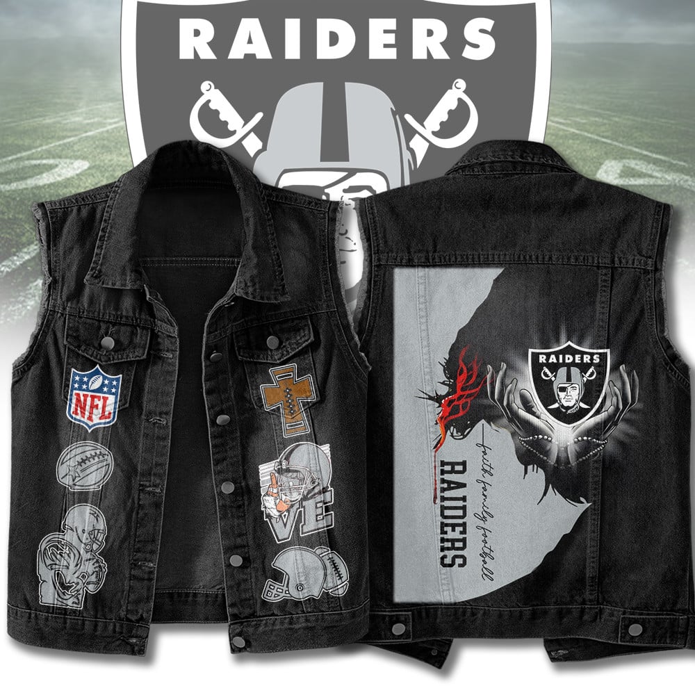 LIMITED EDITION - NEW PREMIUM NFL07 LVR LAS VEGAS RAIDERS SLEEVELESS DENIM JACKET