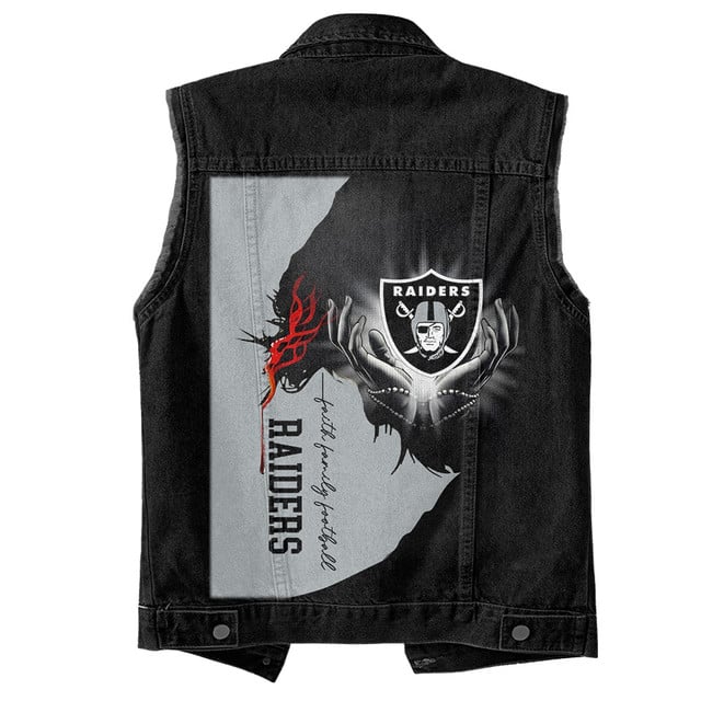 LIMITED EDITION - NEW PREMIUM NFL07 LVR LAS VEGAS RAIDERS SLEEVELESS DENIM JACKET