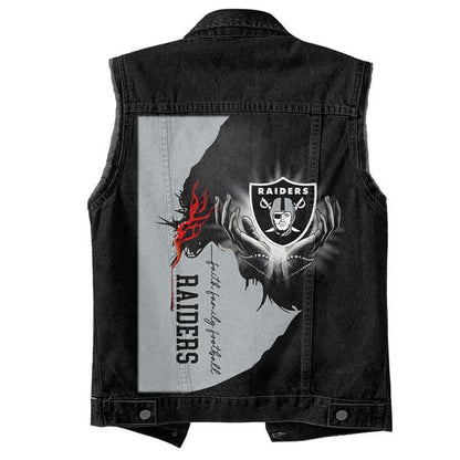 LIMITED EDITION - NEW PREMIUM NFL07 LVR LAS VEGAS RAIDERS SLEEVELESS DENIM JACKET