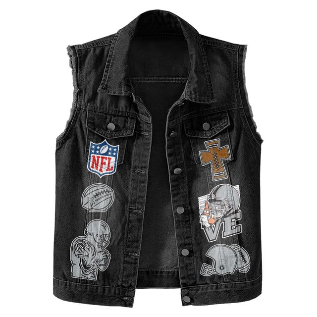 LIMITED EDITION - NEW PREMIUM NFL07 LVR LAS VEGAS RAIDERS SLEEVELESS DENIM JACKET