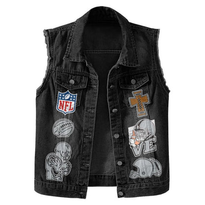 LIMITED EDITION - NEW PREMIUM NFL07 LVR LAS VEGAS RAIDERS SLEEVELESS DENIM JACKET