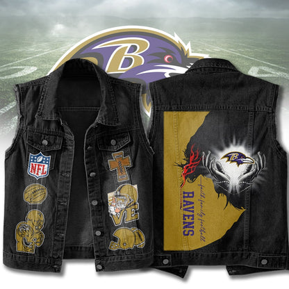 LIMITED EDITION - NEW PREMIUM NFL28 BTR BALTIMORE RAVENS SLEEVELESS DENIM JACKET
