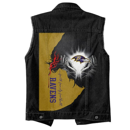 LIMITED EDITION - NEW PREMIUM NFL28 BTR BALTIMORE RAVENS SLEEVELESS DENIM JACKET