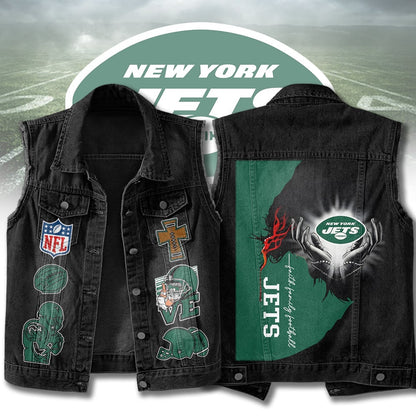 LIMITED EDITION - NEW PREMIUM NFL25 NYJ NEW YORK JETS SLEEVELESS DENIM JACKET