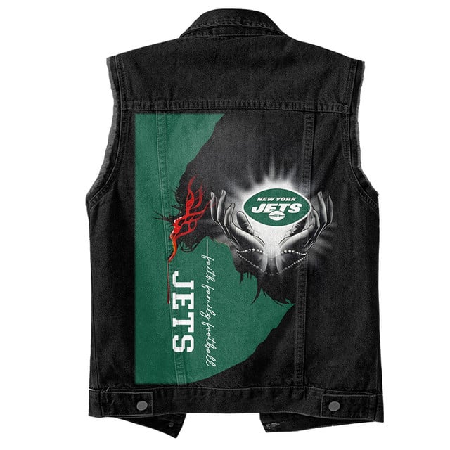 LIMITED EDITION - NEW PREMIUM NFL25 NYJ NEW YORK JETS SLEEVELESS DENIM JACKET