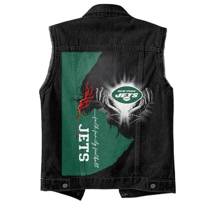 LIMITED EDITION - NEW PREMIUM NFL25 NYJ NEW YORK JETS SLEEVELESS DENIM JACKET