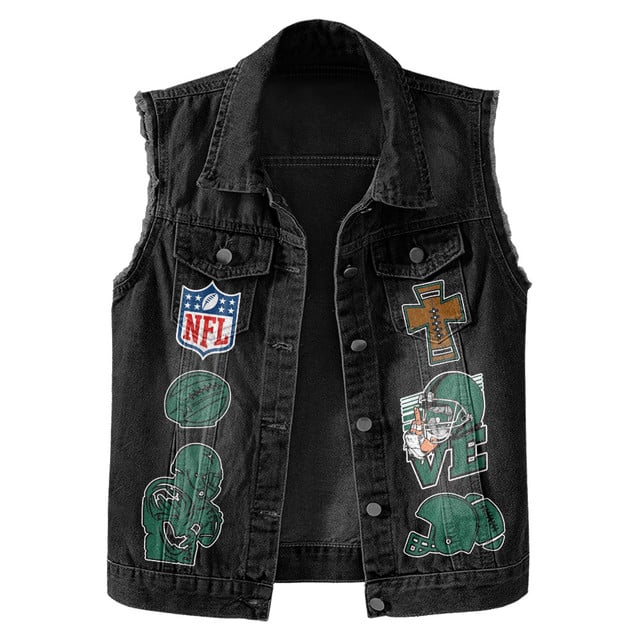 LIMITED EDITION - NEW PREMIUM NFL25 NYJ NEW YORK JETS SLEEVELESS DENIM JACKET