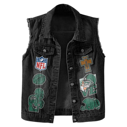 LIMITED EDITION - NEW PREMIUM NFL25 NYJ NEW YORK JETS SLEEVELESS DENIM JACKET
